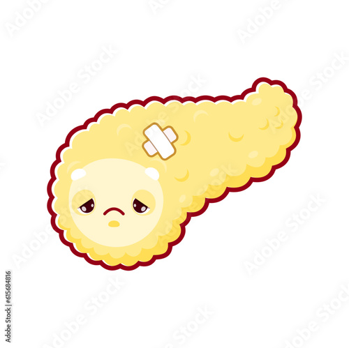 Cartoon sick pancreas organ character. Physiology and health problem, human body disease or digestive system internal organ vector character. Medical diagnosis personage of sad pancreas with patch