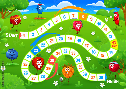 Kids board game cartoon cheerful berry characters on summer meadow. Vector step boardgame with cherry, honeyberry, blueberry and strawberry. Cloudberry, cranberry, barberry and raspberry on snake path
