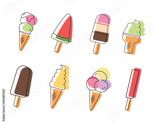 Set of modern ice creams in line art style. Line drawing of popsicle and ice cream icons. Vector cartoon illustration on white background