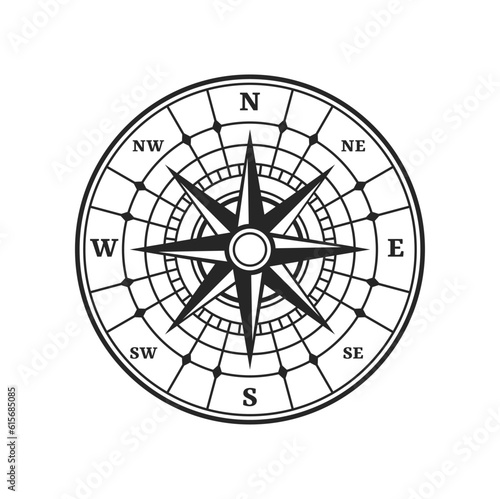 Compass, old wind rose star or vintage travel map vector symbol with north west and east south direction. Retro compass icon with wind rose of ancient cartography and marine navigation arrows