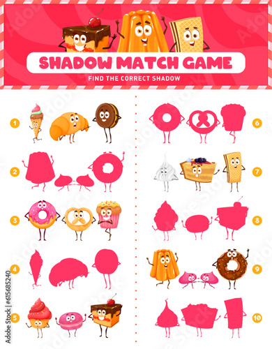 Shadow match game, cartoon bakery, sweets and dessert characters, vector quiz worksheet. Picture match puzzle game to find same silhouette of croissant, chocolate donut, cheesecake cake and pudding
