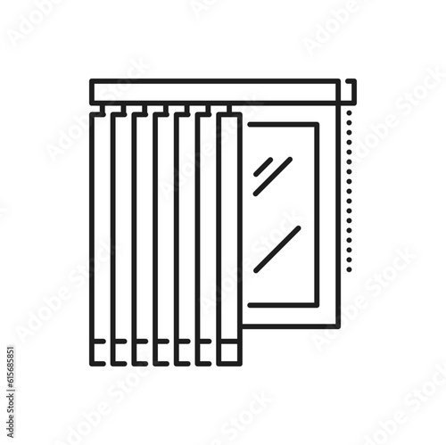 Window blind, vertical jalousie isolated line icon. Vector sun protection shade, light blocking and dark protection curtain, window blind jalousie