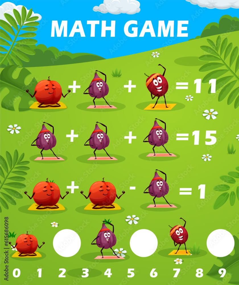 Cartoon funny fruits on yoga, math game worksheet. Vector mathematics riddle for children with funny plums and figs exercising and doing yoga on green filed. Addition and subtraction, learn arithmetic Cartoon funny fruits on yoga, math game worksheet. Vector mathematics riddle for children with funny plums and figs exercising and doing yoga on green filed. Addition and subtraction, learn arithmetic
