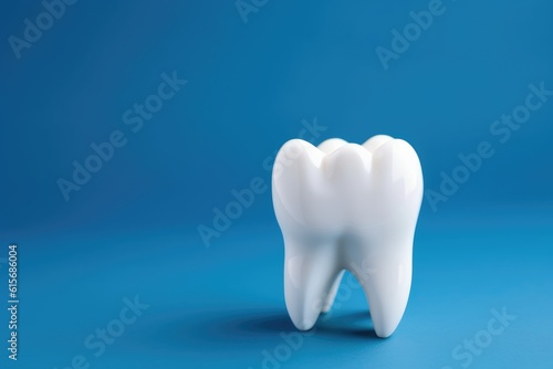 Tooth on blue background. Dental treatment. Generative AI