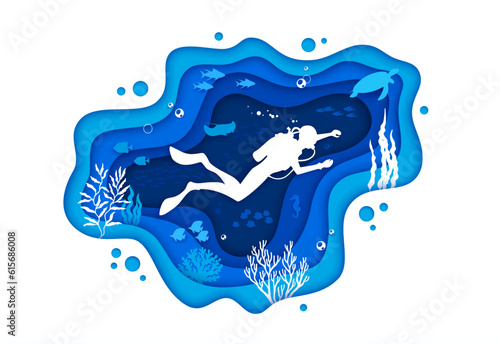 Diver on the ocean bottom. Sea paper cut underwater landscape with schools of fish, swaying coral reefs, and various marine creatures, providing breathtaking and immersive experience for diving