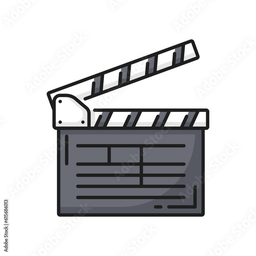 Filmmaking clapperboard, video production icon. Cinematography art, filmmaking festival or video production outline vector sign. Movie studio thin line symbol or icon with movie clapboard