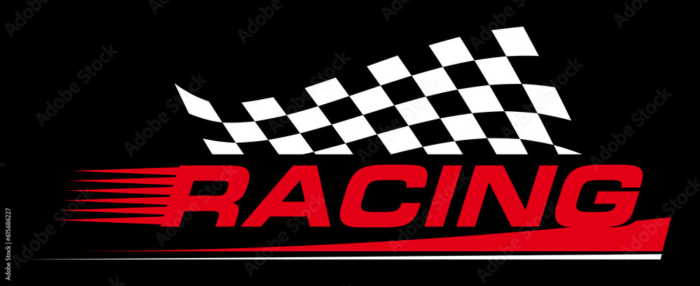 Rally racing sport emblem, finish checkered flag. Speed race, vinyl liner decals typography print, motor transport identity emblem