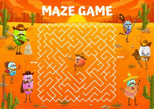 Western labyrinth maze with cartoon vitamin cowboy, sheriff, ranger and bandits characters. Kids vector worksheet board game with B12, P, A or B5, B6 and B9 help find exit to capsule personage