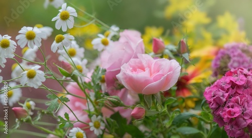 prety rose in a fresh bouquet of flowers picked in the garden