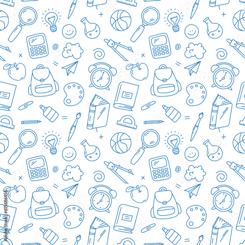 Back to School Seamless pattern, school supplies background. Vector illustration in doodle, simple line style