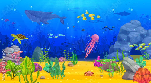 Cartoon underwater landscape with whale, fish shoal, seaweeds and turtle, vector background. Sea underwater and undersea world of coral reef landscape with jellyfish, shark, tropical fishes and shells
