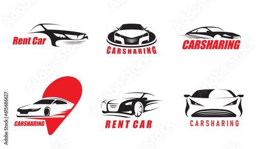Car rent and sharing service icons. Premium or luxury class automobile renting, transportation service vector symbol, carsharing driver and taxi carpool icon with car silhouette, location pin