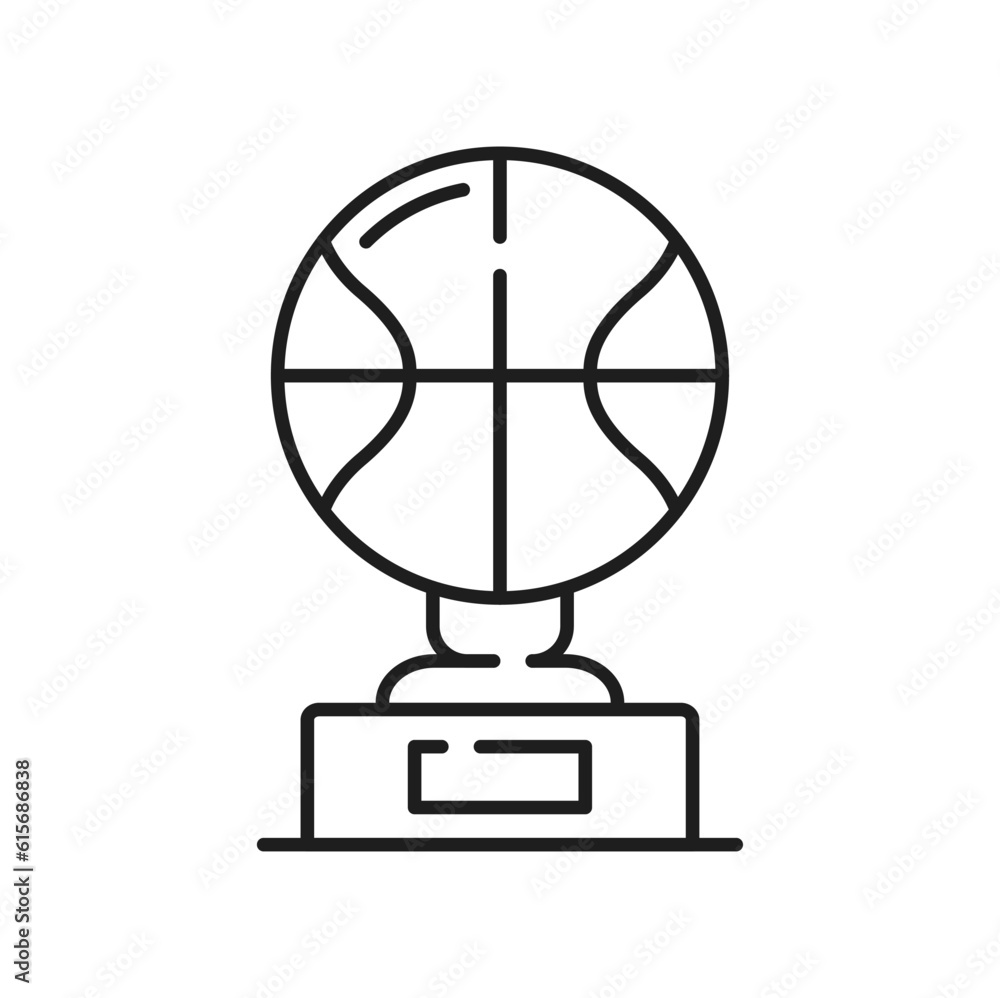 Basketball award, ball trophy line icon, vector sport winner prize. Basketball team game cup for championship and competition victory, champion or best player trophy award with ball on stand Basketball award, ball trophy line icon, vector sport winner prize. Basketball team game cup for championship and competition victory, champion or best player trophy award with ball on stand