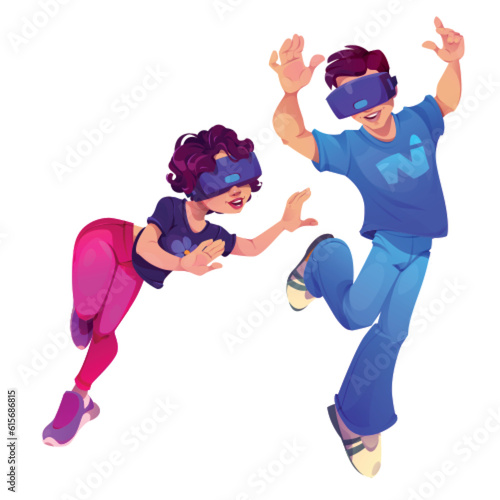 Vr metaverse p2e technology for character game in glasses vector illustration. Future virtual reality tech concept with people play videogame in headset. Futuristic online gamefi experience for girl