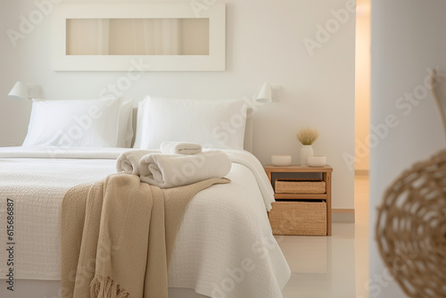 Bedroom in Mediterranean style with minimalist staging and clean colors. Home decoration concept. Generative AI © JuanM