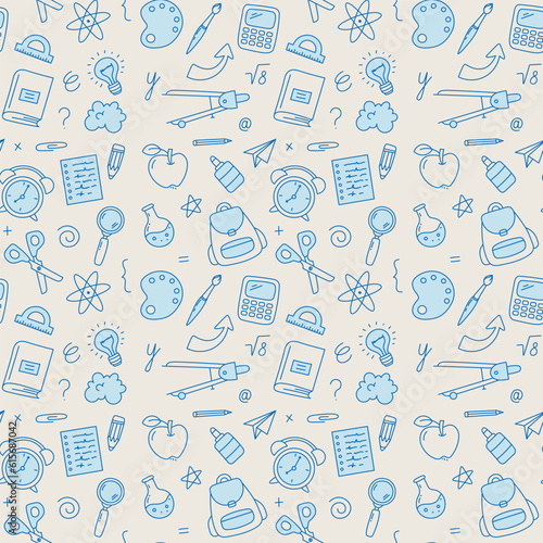 Back to School Seamless pattern, school supplies background. Vector illustration in doodle, simple line style