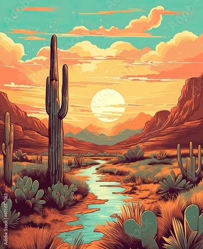 Sunset in the desert with a river and a cactus. Vector illustration