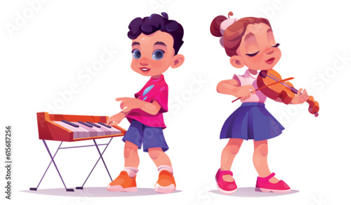 Kid orchestra play music on school instrument piano and violin vector cartoon set. Children girl and boy character playing performance for party entertainment. Pianist and violinist childish clipart