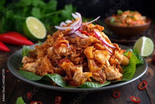 a plate of Thai spicy fried fish