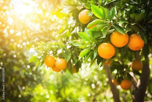 Juicy oranges grow on trees. Orange farm. Generative AI