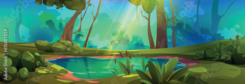 Swamp in forest vector game landscape background. Green fantasy lake water with reed scene. Wild nature fairytale environment for adventure scene with sunlight beam in summer concept with nobody.