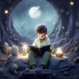 The little prince on the moon reads a book