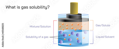gas solubility can be defined as the ability of gas to dissolve in a solvent (liquid) to form a solution at a specific temperature. Vector illustration. general physics study material for students.