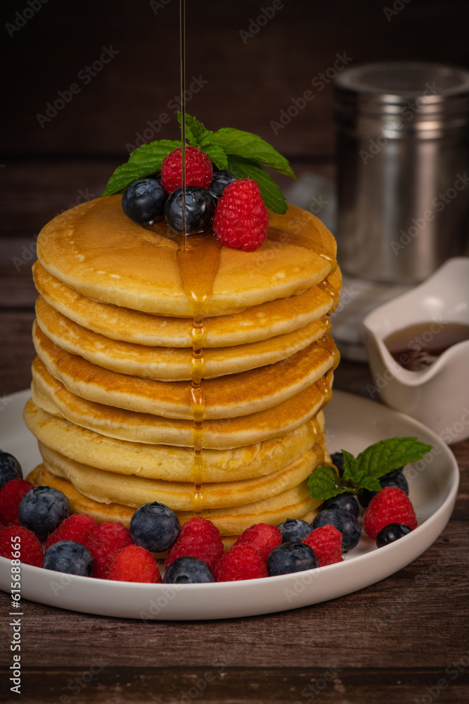 Recipe for maple syrup pancakes with raspberry and blueberry filling, High quality photo Recipe for maple syrup pancakes with raspberry and blueberry filling, High quality photo