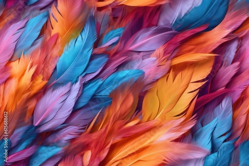 Beautiful seamless pattern with vivid multicolored bird feathers  endless texture. Fabric template. Organic background. Generated with AI.