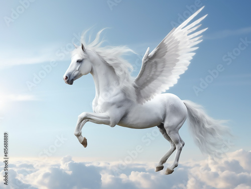 Flying right - winged unicorn, pure white wings with a little gray tail.