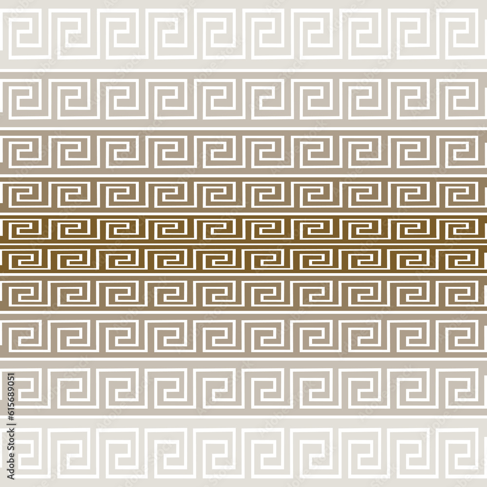 Borders. Traditional tribal ethnic greek style border seamless pattern. Vector ornamental halftone background. Repeat light backdrop. Geometric striped ornaments. Greek key meanders. Endless texture