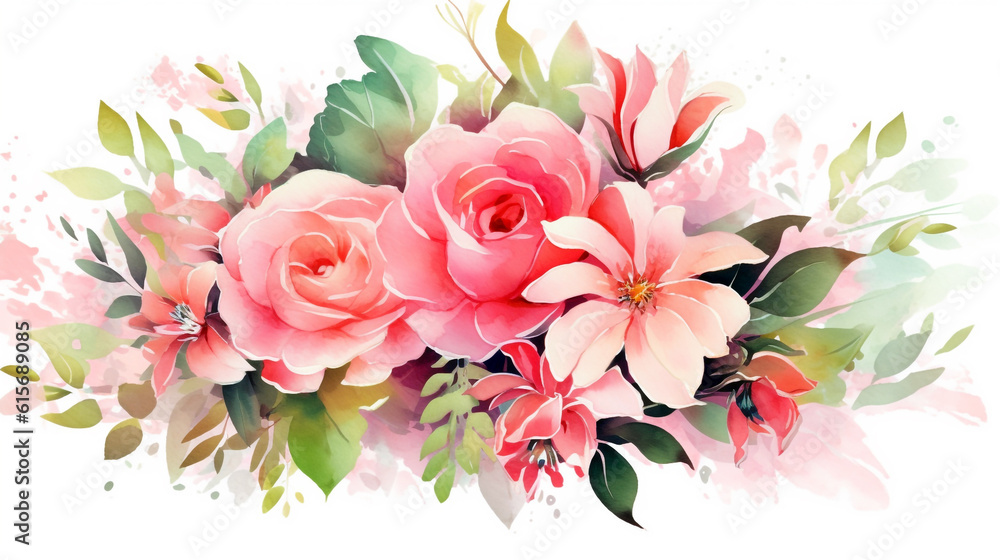 Watercolor floral illustration. bouquet of roses. template for fashion wedding invitation greeting card and wallpaper. Generative Ai. 