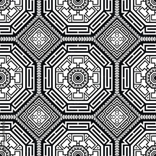Traditional tribal ethnic greek style seamless pattern. Vector ornamental black and white background. Repeat backdrop. Geometric ornaments. Greek key meanders. Modern abstract design. Endless texture