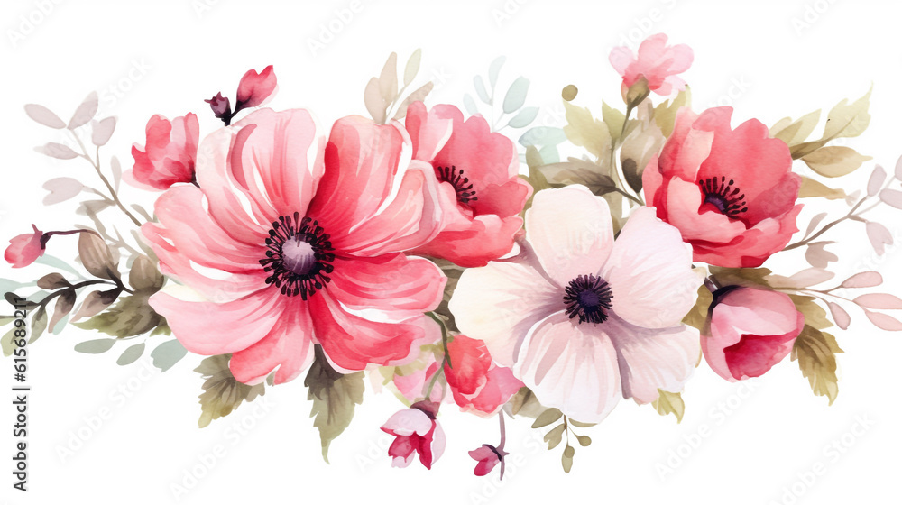 Watercolor floral illustration. bouquet of flowers isolated on white. Generative Ai. 