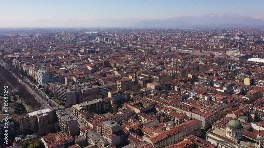 Aerial view pan shot of the city of Turin, Italy Aerial view pan shot of the city of Turin, Italy