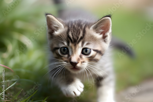 tabby kitten stalking in the garden © sam