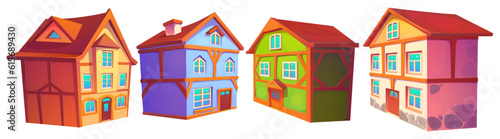 Old medieval germany town building vector set. European german city street house cartoon clipart collection. Bavaria landmark isometric exterior cityscape. Isolated timber victorian mansion png