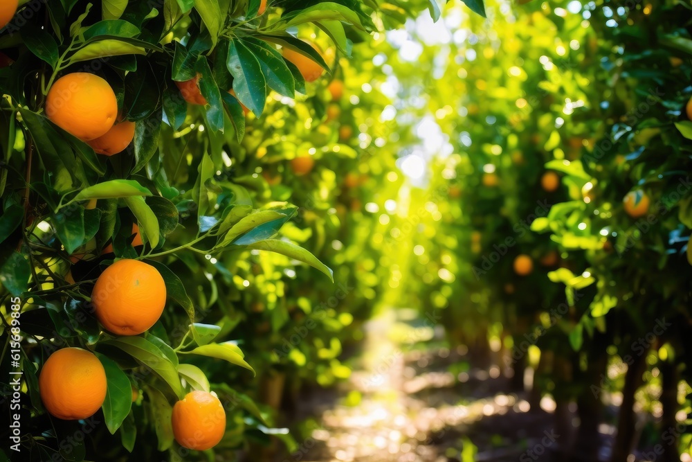 Juicy oranges grow on trees. Orange farm. Generative AI