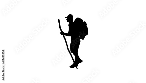 Hiker silhouette,  hiking with a backpack and a stick in his hand