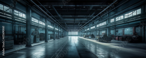 large industrial warehouse background , in the style of dark modernism