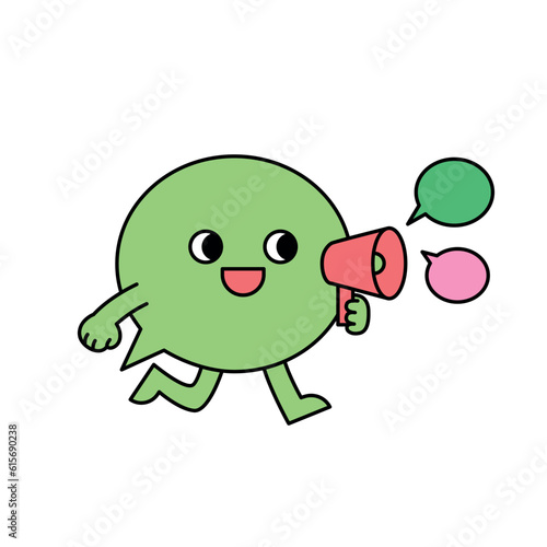 A cute speech bubble is running around with a megaphone.