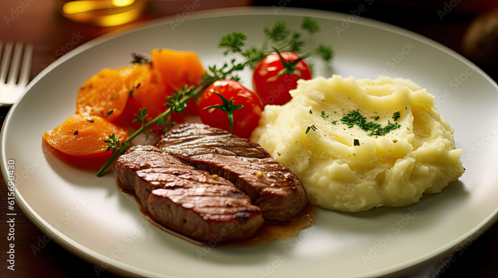some meat and vegetables on a white plate with forked uts next to the plate is an orange tomato some meat and vegetables on a white plate with forked uts next to the plate is an orange tomato