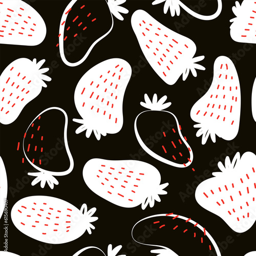 Groovy hippie 70s seamless pattern with strawberries. Funny cartoon elements etc. Vector cards in trendy retro psychedelic cartoon style. Vector backgrounds. Stay groovy. Good vibes.
