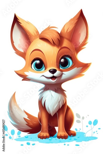 Cute baby Fox in Cartoon Style on white background - generative AI