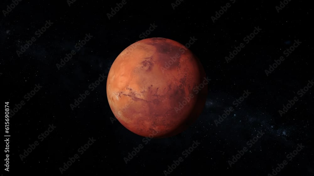 Composite: planet mars rotating screen-right, half lit with a starry background. Composite: planet mars rotating screen-right, half lit with a starry background.