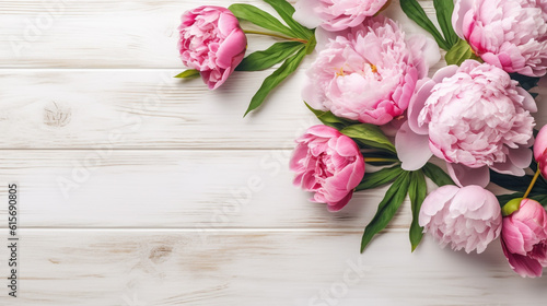bouquet of pink peonies on a wooden white table. Generative Ai.  © PETR BABKIN