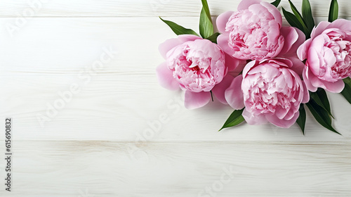 pink peonies on white wooden table. Generative Ai.  © PETR BABKIN