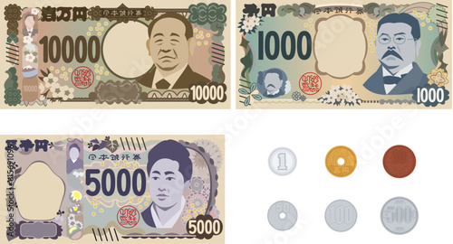 日本円の通貨　新紙幣と硬貨のセット