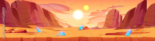 Space Mars planet desert landscape with crystal. Vector alien martian fantasy universe with crater and dust. Extraterrestrial cosmic canyon with orange sand powder videogame cartoon illustration photo