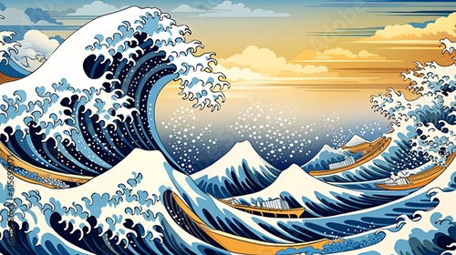 Fotografiet Great wave in ocean as Japanese style illustration wallpaper Generative AI